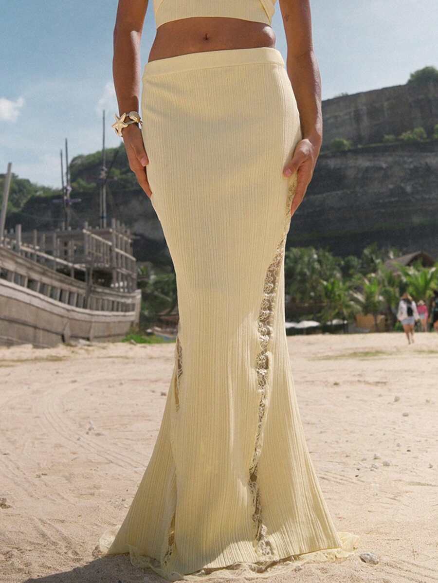 Opulessa Saia feminina elegante de patchwork em renda de cor sólida