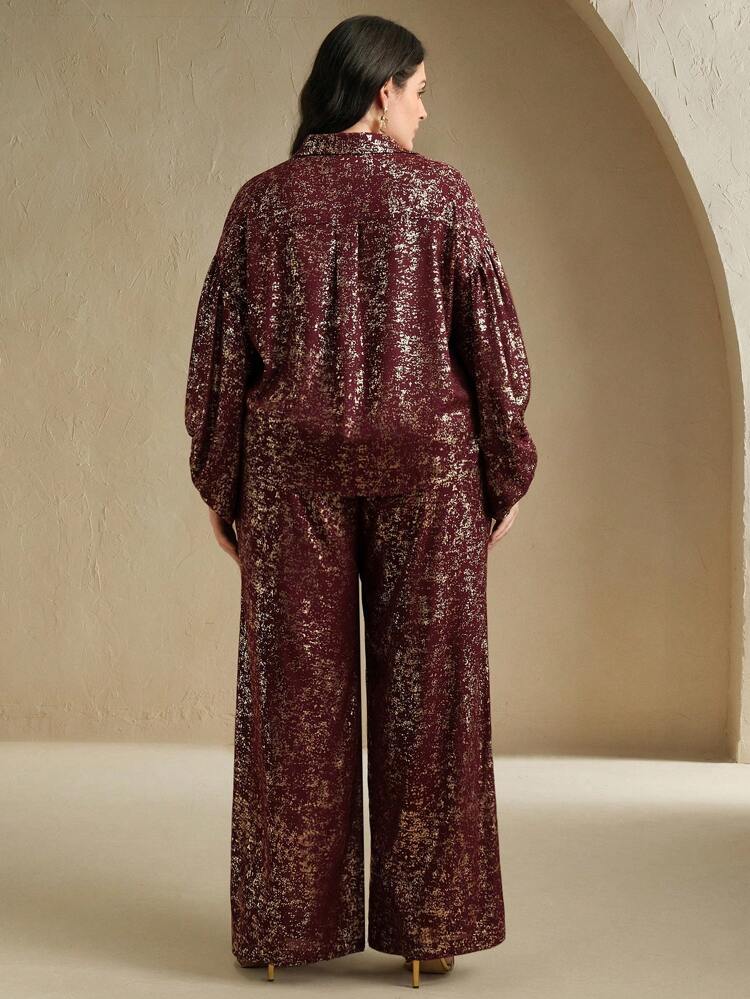 2pcs/Set Elegant Foil Printing Collared Long Sleeve Shirt & Casual Pants Suit For Women