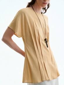 Aalyst Women's Simple Solid Color Pleated Short Sleeve Fashion Blouse, Summer