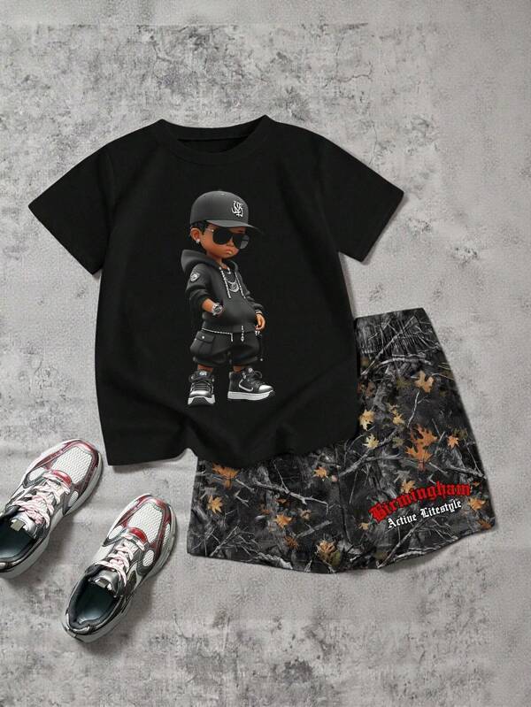 SHEIN Explorewe 2pcs/Set Teen Boys' Portrait Print Casual Round Neck Short Sleeve T-Shirt And Shorts Set, Summer