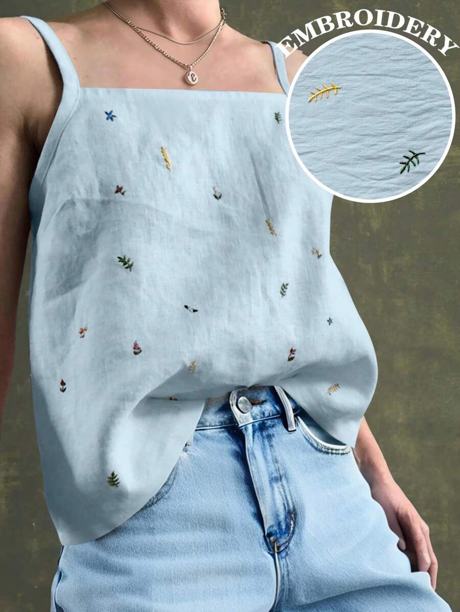 Jouncy 2025 女士时尚休闲植物刺绣吊带背心 - 藍色 - 查看 1