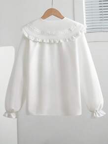 Girls' School Style White Blouse, Korean Version Peter Pan Collar Lace Trim, Detachable Bow Tie, Ruffle Cuff, Back To School Fashionable Versatile Shirt