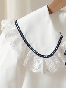 Mädchen Teenager Kollegial Lässig Bluse, mit Spitzen Peter Pan Kragen, Rüschensaum, Puffärmeln, Schleifenakzent - einzigartiges Design, akademischer Stil Kurzarmbluse