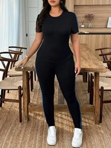 EMERY ROSE Bộ 2 món áo phông và quần legging màu tương phản thường ngày mùa hè cỡ lớn - màu đen - Xem 4