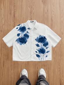 StoneGrade 中国风青花瓷花卉水彩图案男士休闲短袖满印花衬衫 - 白色 - 查看 6