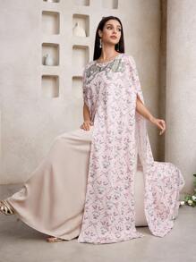 Al Najma Kaftan largo con estampado integral y decoración con rhinestones, vestido tradicional elegante turco y árabe para mujer