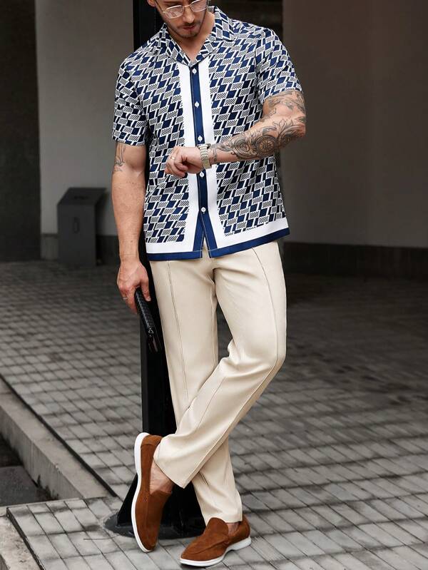 Manfinity Homme Mens 2 Piece Outfits,Men 2 Piece Set,Men Summer Outfits Men's All-Over Print Single-Breasted Short Sleeve Shirt And Solid Color Pants Set