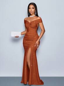SOLERSUN Suitable For Christmas Party Vacation & Dating Elegant Burgundy Elegant Twisted Off Shoulder Backless Strap High Slit Mermaid Dress With Metallic Sheen Maxi Women Outfit - Rust Brown - View 8