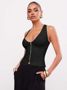 Hauture Women's Solid Color Zipper V-Neck Sleeveless Bodycon Top