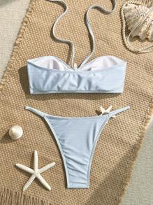 SHEIN Bộ 2 đồ mặc đi biển cho nữ, áo crop top hở lưng vải họa tiết gợi cảm có dây buộc có thể điều chỉnh ở phần dưới bikini - Màu xanh nhạt - Xem 2