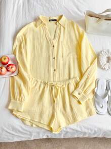 Comfortcana Bộ 2 món áo sơ mi dài tay rộng rãi bằng vải chiffon màu vàng kem và quần short dành cho nữ - Màu vàng - Xem 4