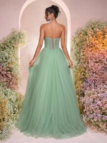 Glamrae 优雅奢华的抹胸连衣裙，饰有宝石领口、荷叶边网眼覆盖层和蓬松裙摆，适合婚礼、派对、节日、庆典（重刺绣） - 綠色 - 查看 4