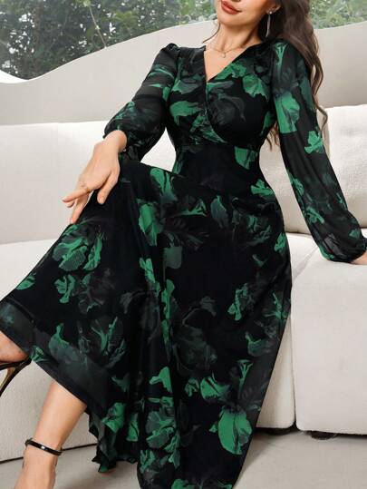 Modelyn Elegant långärmad klänning med blommönster och v-ringning för kvinnor