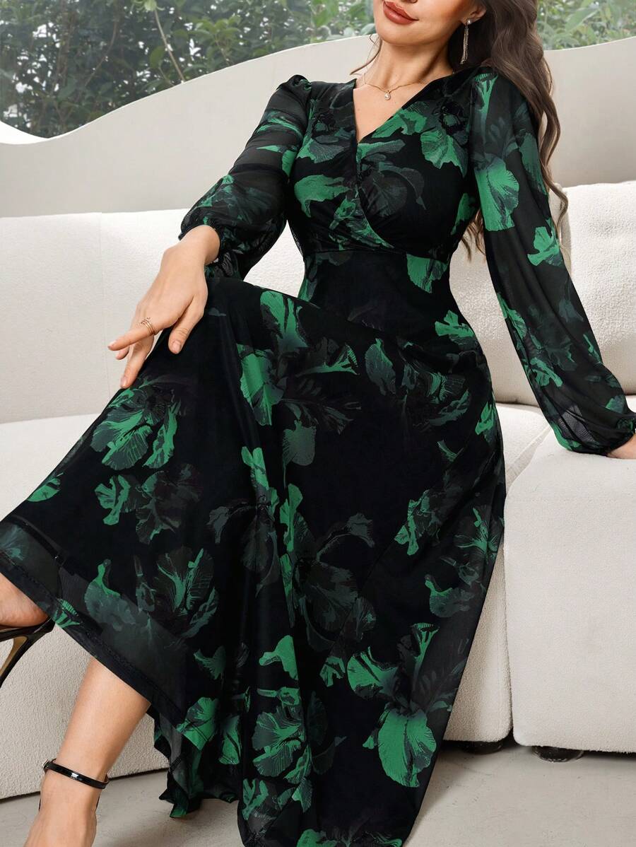 Modelyn Women's Floral Print V-Neck Elegant Long Sleeve Dress - Green - View 1