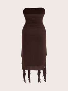 SHEIN ICON 大码女式纯色抹胸拼布荷叶边下摆双开衩下摆性感连衣裙