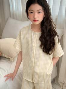 DAZY Tween Girls Plaid Pajama Set With Short Sleeve Top And Shorts - Yellow - View 7