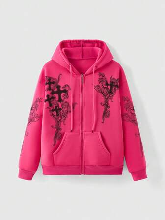 Grunge Punk Cross Print Pocket Hooded Zip-Up Long Sleeve Sweatshirt Graduation,Back To School Outfits,Graduation,Teacher Outfits For Women,Back To School