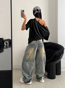 StreetHx Camiseta suelta con estampado de perro al hombro, estilo callejero punk, talla grande, color negro, ropa de calle para mujeres, camisetas gráficas para mujeres