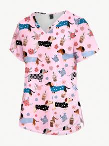 PopScrub Women's Cute Floral And Dog Print Scrub Uniform Top, Lightweight Nursing Scrub Shirt For Summer - Multicolor - View 5