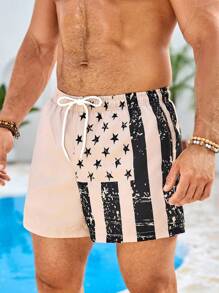 Manfinity Swimmode Men's Summer Beach Shorts With American Flag Print & Drawstring Waist, 2-In-1 Casual Holiday Style
