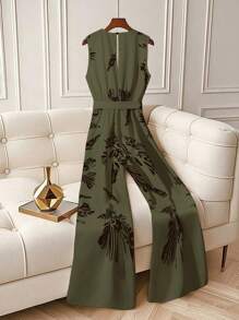 Franclia 时尚束腰无袖花卉印花阔腿裤，杏色黑色，春夏百搭 - 軍綠色 - 查看 2