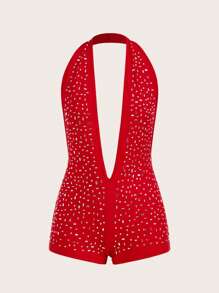 SHEIN ICON Women Sexy Simple Party Holiday Halter Backless Diamond Jumpsuit Casual Wear