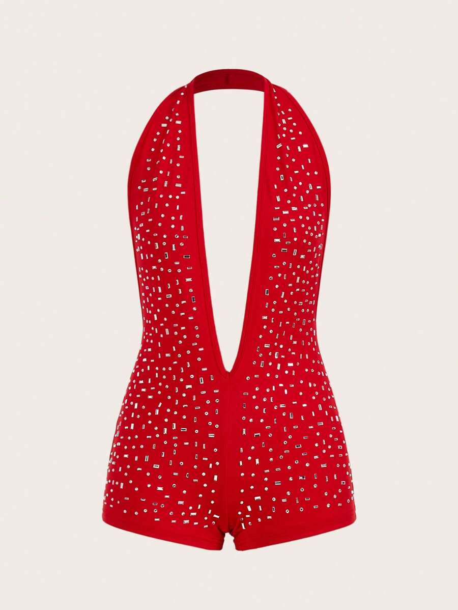 SHEIN ICON Women Sexy Simple Party Holiday Halter Backless Diamond Jumpsuit Casual Wear