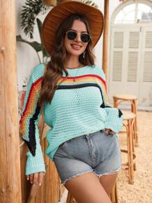 SHEIN LUNE Áo chui đầu dệt kim khoét lỗ nhiều màu sắc, áo choàng rộng rãi phong cách Boho, áo len dài tay, thích hợp cho các buổi đi chơi, chống nắng, xuân thu, trang phục đi hộp đêm, tiệc tùng, sinh nhật thu đông - Màu xanh nhạt - Xem 1