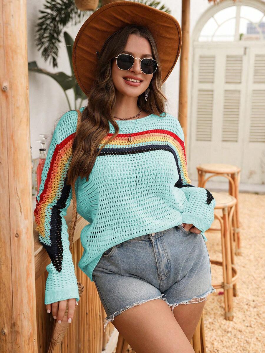 SHEIN LUNE Áo chui đầu dệt kim khoét lỗ nhiều màu sắc, áo choàng rộng rãi phong cách Boho, áo len dài tay, thích hợp cho các buổi đi chơi, chống nắng, xuân thu, trang phục đi hộp đêm, tiệc tùng, sinh nhật thu đông - Màu xanh nhạt - Xem 1