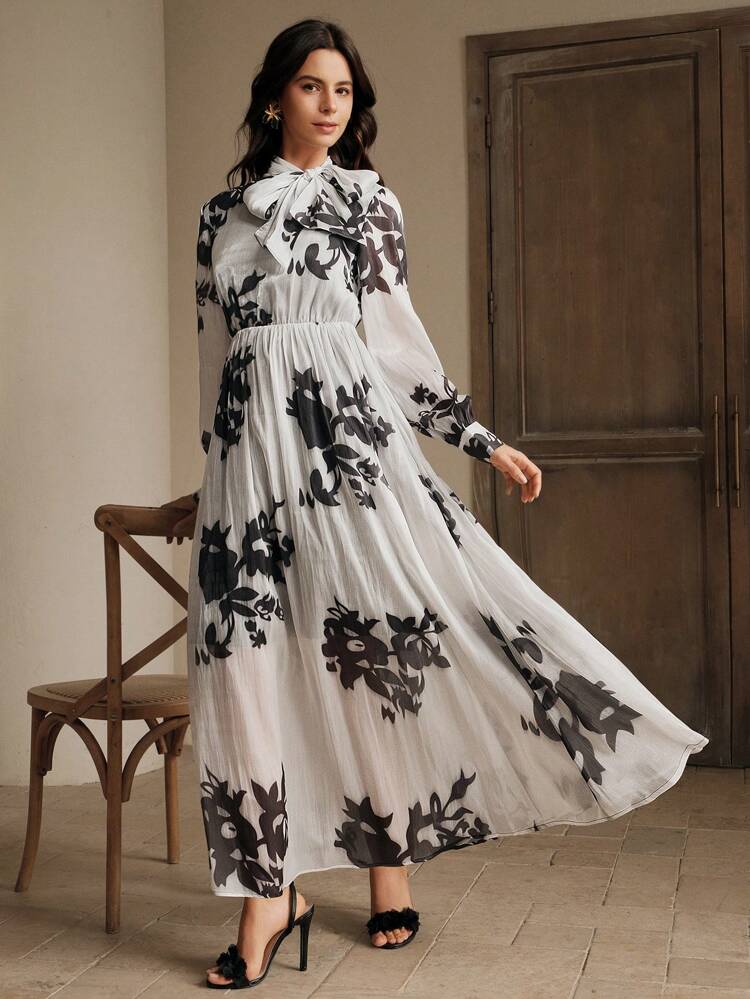 Women's Long Sleeve Elegant Bowknot Waisted Dress, Black Print Glossy Versatile Long Dress