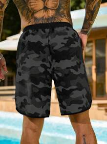 Manfinity Swimmode Men's Summer Holiday Casual Camo Print Drawstring Waist Side Pocket Beach Shorts Men Camo Shorts Men Streetwear Shorts