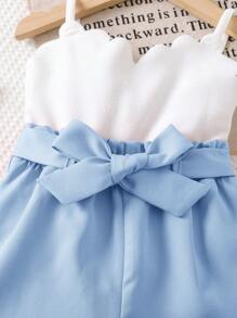 SHEIN 女婴可爱白色吊带背心和松紧腰短裤两件套，夏季 - 藍白色 - 查看 6