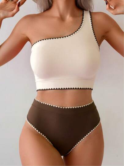 SHEIN Women's Summer Beach Vacation Style Contrast Binding Tankini Swimsuit