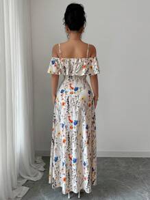Elenzga 女士优雅花卉印花露肩高开衩连衣裙，夏季 - 彩色 - 查看 2