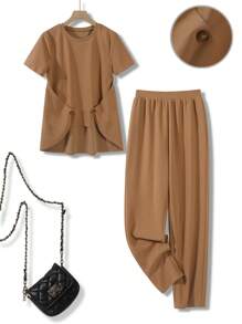 EMERY ROSE 2 piezas Conjunto de moda de verano para mujer de unicolor con parte superior de manga corta y cuello redondo y pantalones largos entallados, de tela de punto jaspeado, con diseño de botones superpuestos en la cintura y bajo asimétrico en la parte superior, pantalones entallados y ajustados, adecuado para salidas casuales y uso en casa