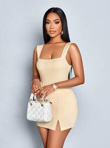 SOLERSUN Spring And Summer Women's Wear Daily Leisure Elegant Commuter Apricot Knitted Fabric Sleeveless Square Neck Open Back Decorative Pocket Cover Cropped Top Hip Fit Short Culottes With Front Slit