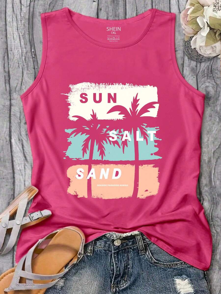 SHEIN LUNE Áo không tay mùa hè cỡ lớn dành cho nữ, in hình cây cọ và chữ, kiểu dáng đồ họa, thích hợp cho kỳ nghỉ. - Màu Hồng Tươi - Xem 1