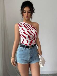 Selianne New Summer Women Sexy Asymmetrical Pleated Asymmetrical Geometric Print Blouse - Burgundy - View 5