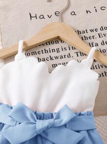 SHEIN 女婴可爱白色吊带背心和松紧腰短裤两件套，夏季 - 藍白色 - 查看 5