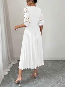 Rafferiza Elegant Luxurious Hollow Embroidered Patchwork Pleated Dress - White - View 2
