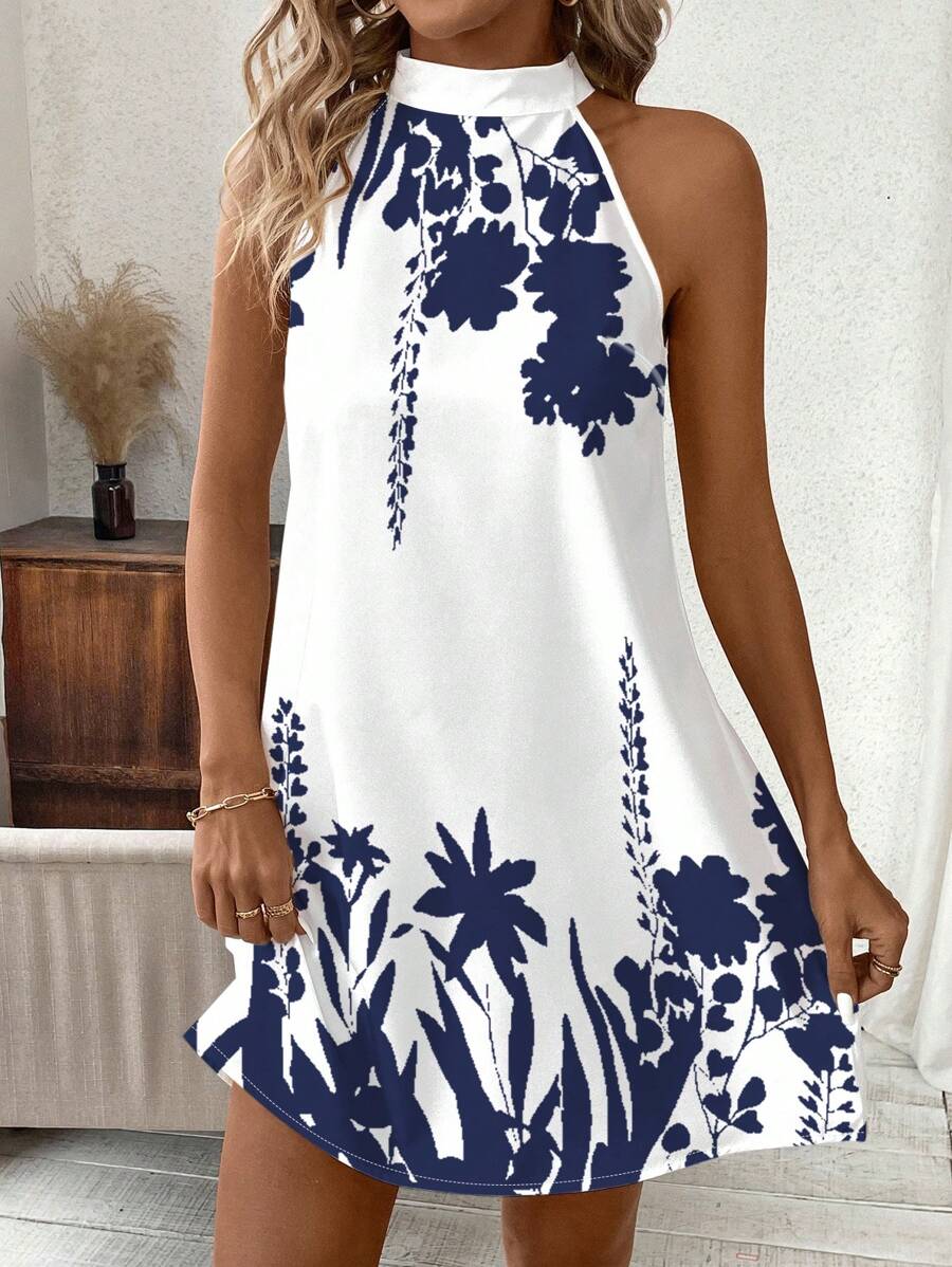 SHEIN Clasi Casual Floral Pattern Halter Neck Loose Short Dress, Comfortable For Summer,Boho Clothes Women Suitable For Going Out Chic Dress - Multicolor - View 1
