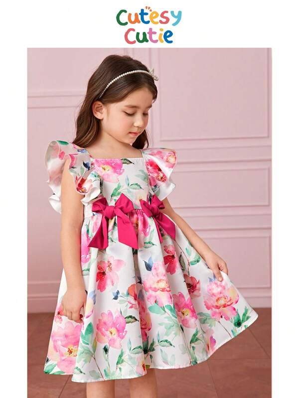 SHEIN Niñas Vestido con estampado floral ribete con fruncido con lazo delantero