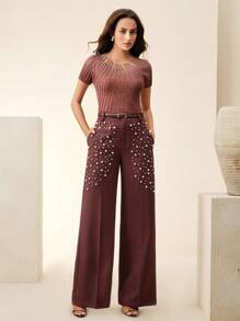 Anewsta Mono de moda elegante de verano para mujer con pantalón y detalles de cuentas - Rojo violeta - Ver 7
