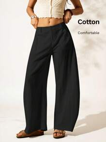 Easelle Women's Black Woven Pocket Fashion Wide Leg Barrel Leg Pants - Black - View 8