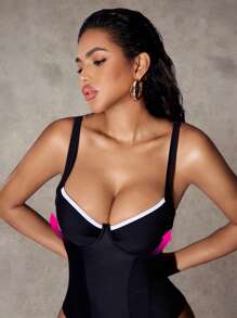 Shapewave 1pc Women's Elegant Swimsuit With Black & White Contrast Color Wide Strap, Steel-Boned Soft Package, Rear Lace-Up Design, Bodyshaper For Summer Beach Vacation - Black and White - View 7
