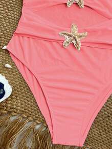 SHEIN Swim Traje de baño de una pieza elegante para mujer con diseño de estrella de mar dorada hueca, tirantes de espagueti desmontables y cintura para vacaciones en la playa, color coral rosa, primavera/verano 2026 - Rosa coral - Ver 5