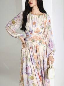 Heiryn Đầm dự tiệc cocktail tay dài đa năng họa tiết hoa chiffon thắt eo trang trí kim loại - Nhiều màu - Xem 3