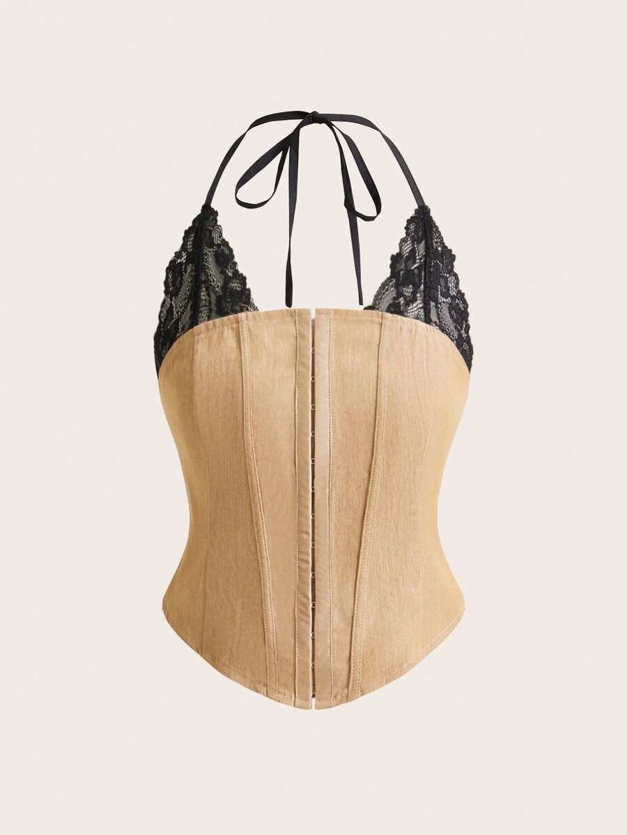 SHEIN ICON 女式合身蕾丝边二合一挂脖吊带背心