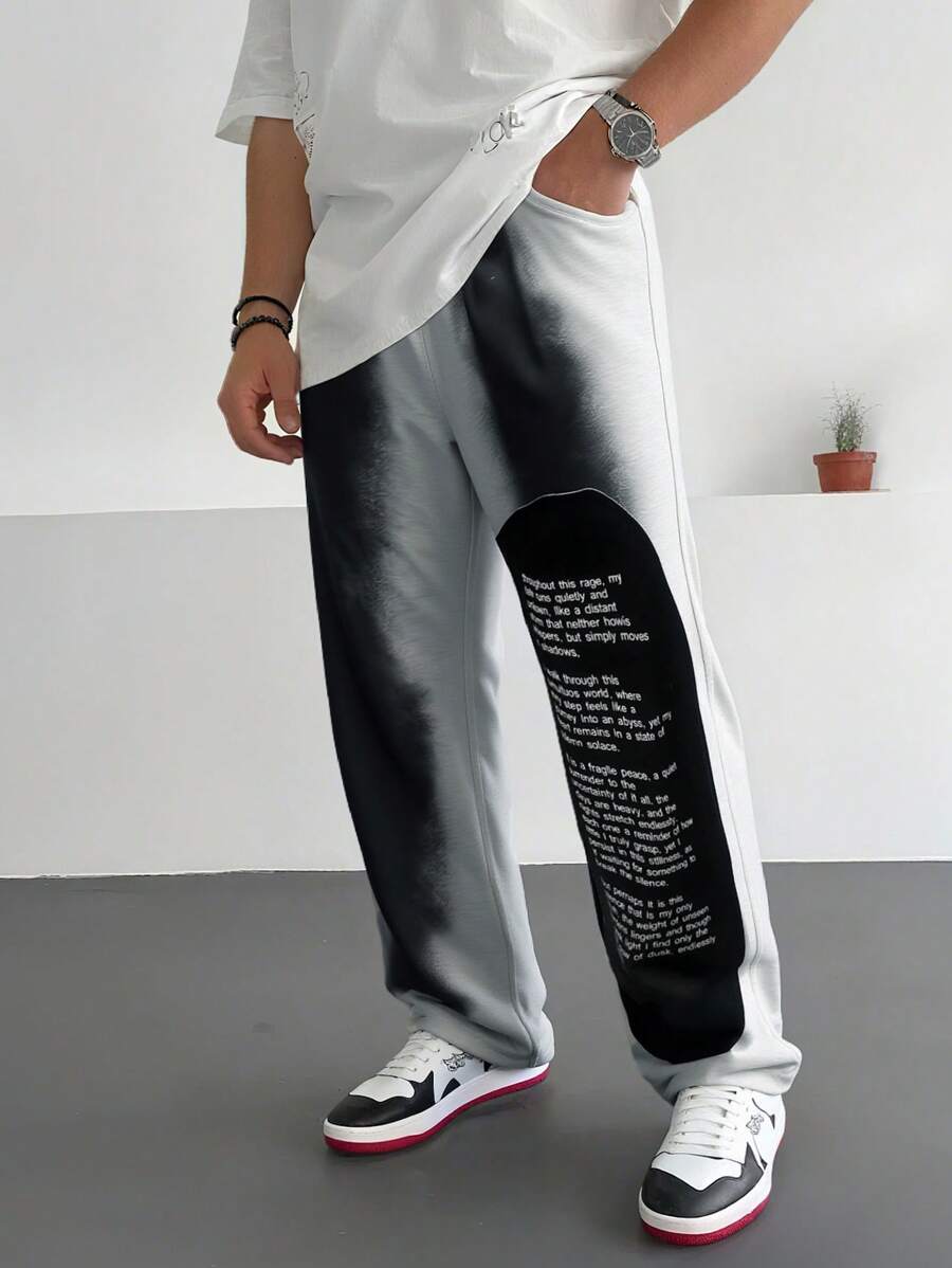 Manfinity EMRG Quần nỉ nam in chữ màu rách có dây rút ở eo - Xám - Xem 1