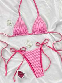 Swim Mod 2 件套全新皱褶粉色条纹细肩带扭纹侧丁字裤比基尼套装，女士泳装，海滩度假 - 粉色 - 查看 2